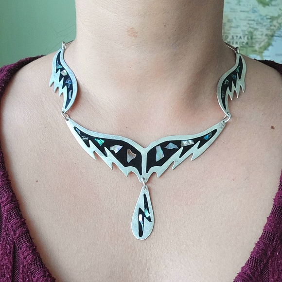 Vintage Mexican Alpaca Silver Abalone Shell Ornate Bib Necklace - Picture 9 of 16